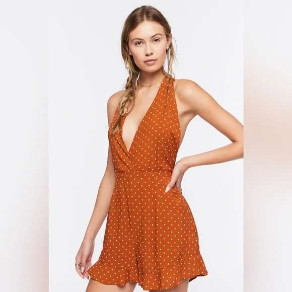Forever 21 Rust Brown & White Polka Dot Print Halter Romper Playsuit - M